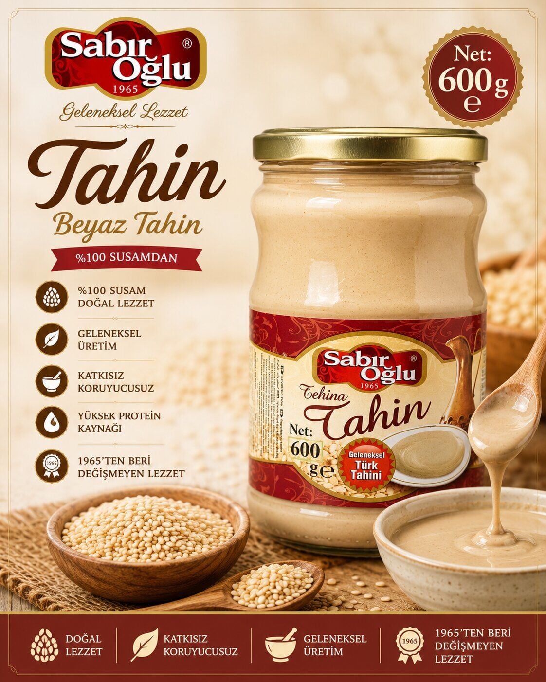 SABIROĞLU BEYAZ TAHİN NET 600 GR KAVANOZ