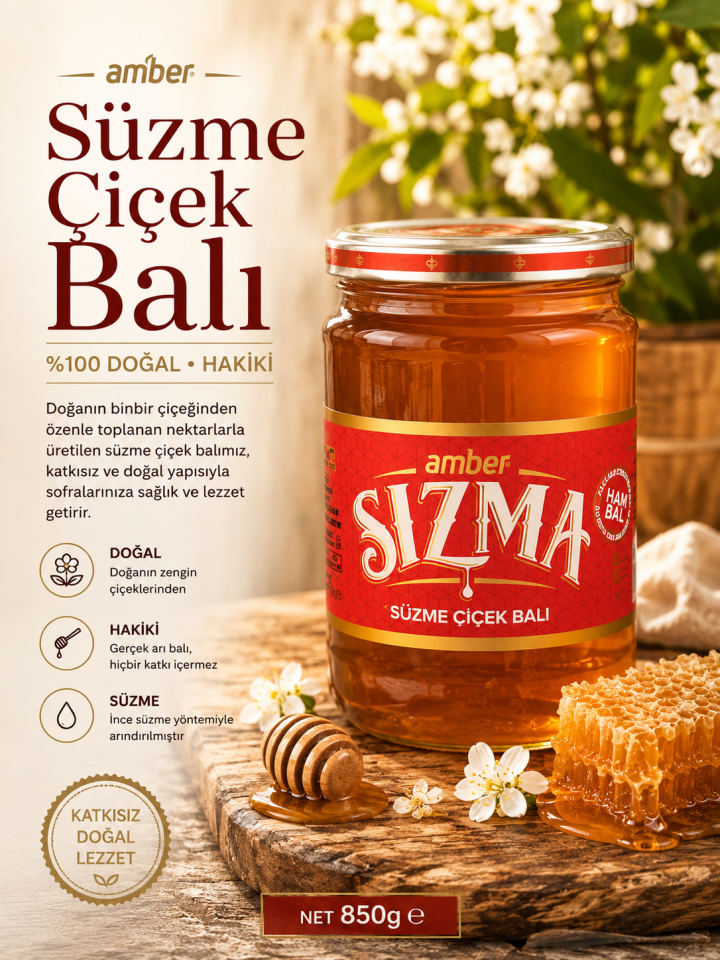 Amber Süzme Çiçek Balı %100 Doğal Bal  850 g