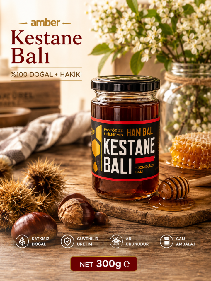 Amber Kestane Balı 300 g – Pastörize Edilmemiş Ham Bal