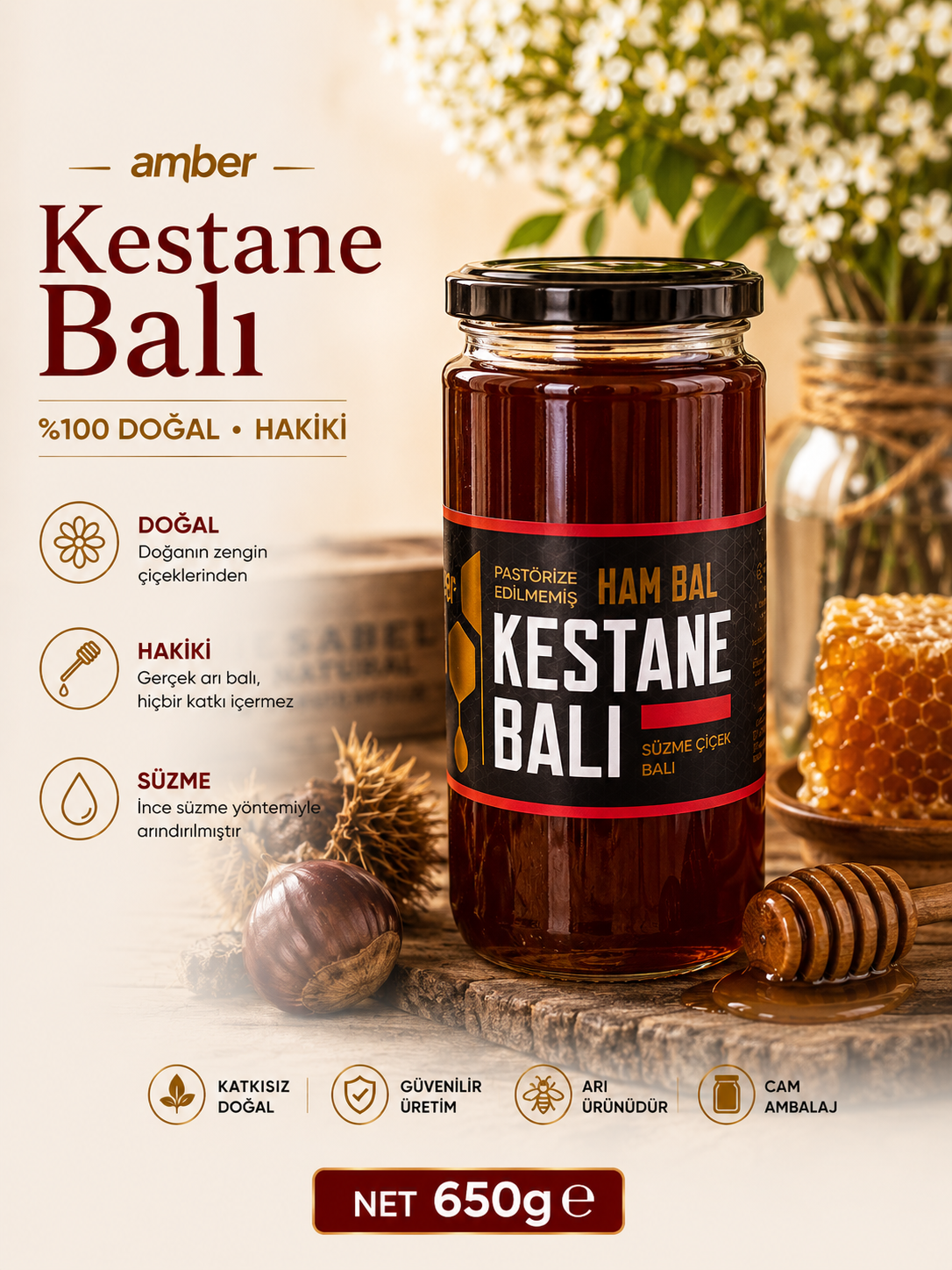 Amber Kestane Balı 650 g – Pastörize Edilmemiş Ham Bal