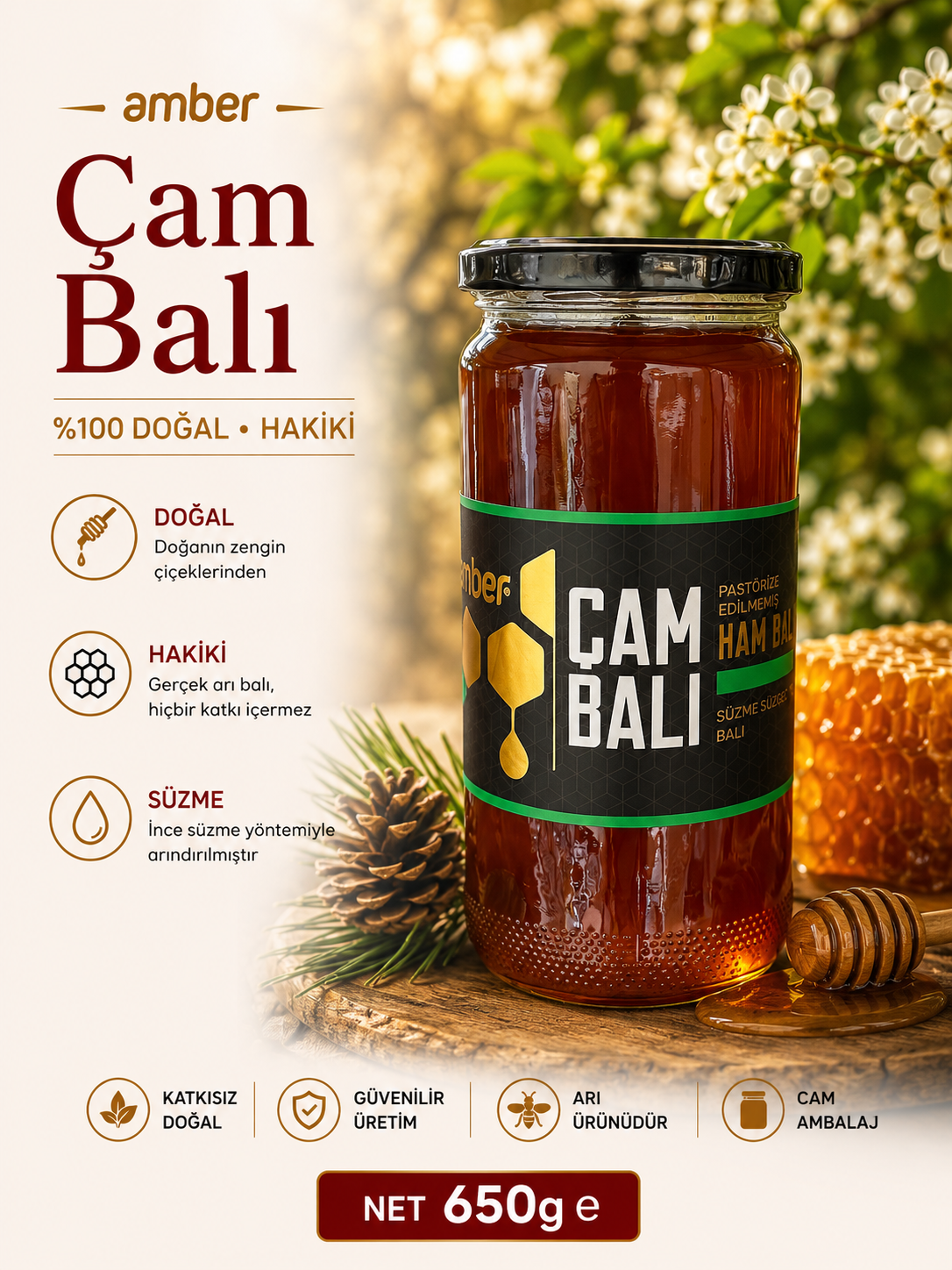 Amber Çam Balı 300 g – Pastörize Edilmemiş Ham Bal