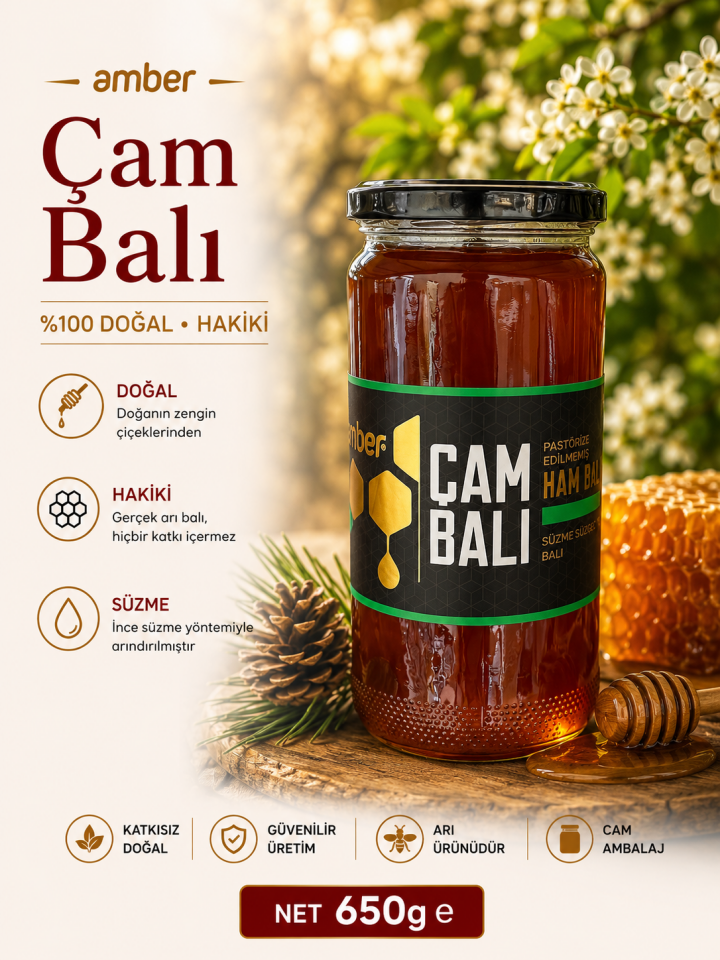 Amber Çam Balı 300 g – Pastörize Edilmemiş Ham Bal