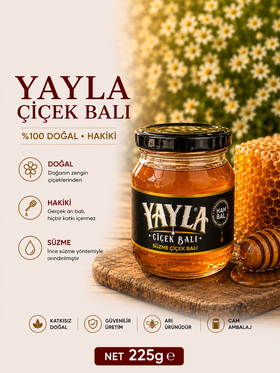 Yayla Çiçek Balı 225 g – Ham Bal (Süzme Çiçek Balı)