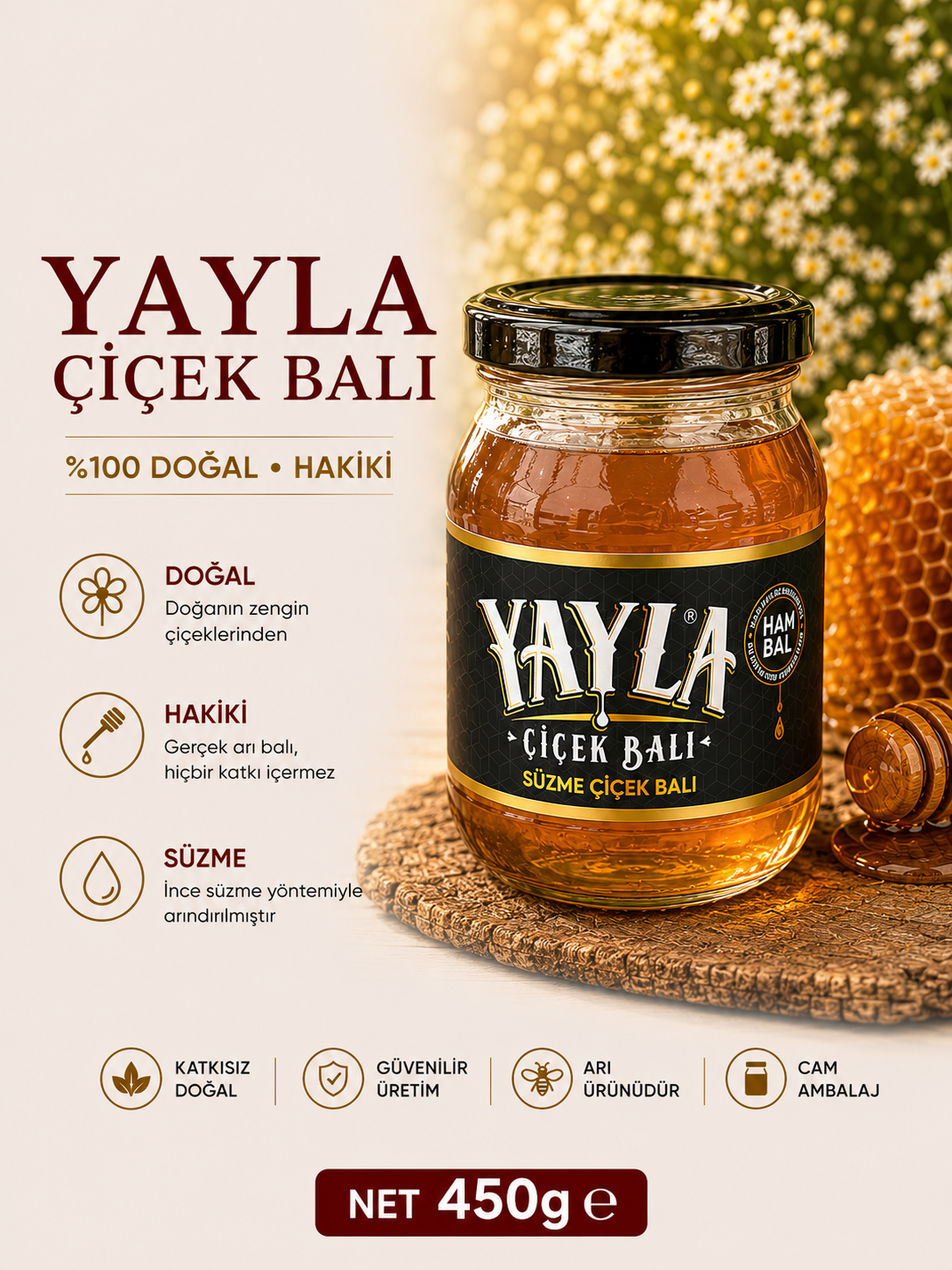 Yayla Çiçek Balı 450 g – Ham Bal (Süzme Çiçek Balı)