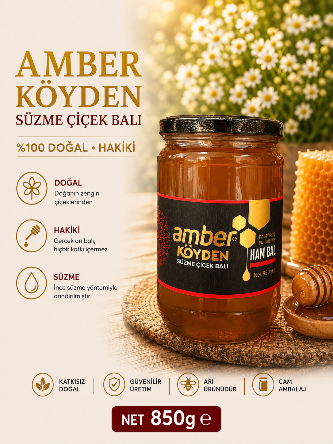 Amber Köyden Ham Bal Süzme Çiçek Balı 850 g