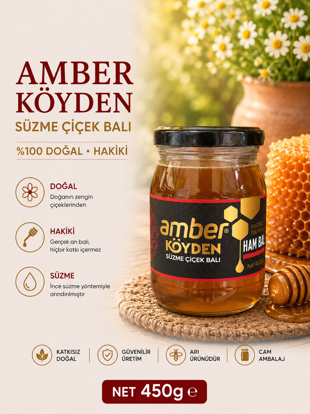 Amber Köyden Süzme Çiçek Balı 450 g
