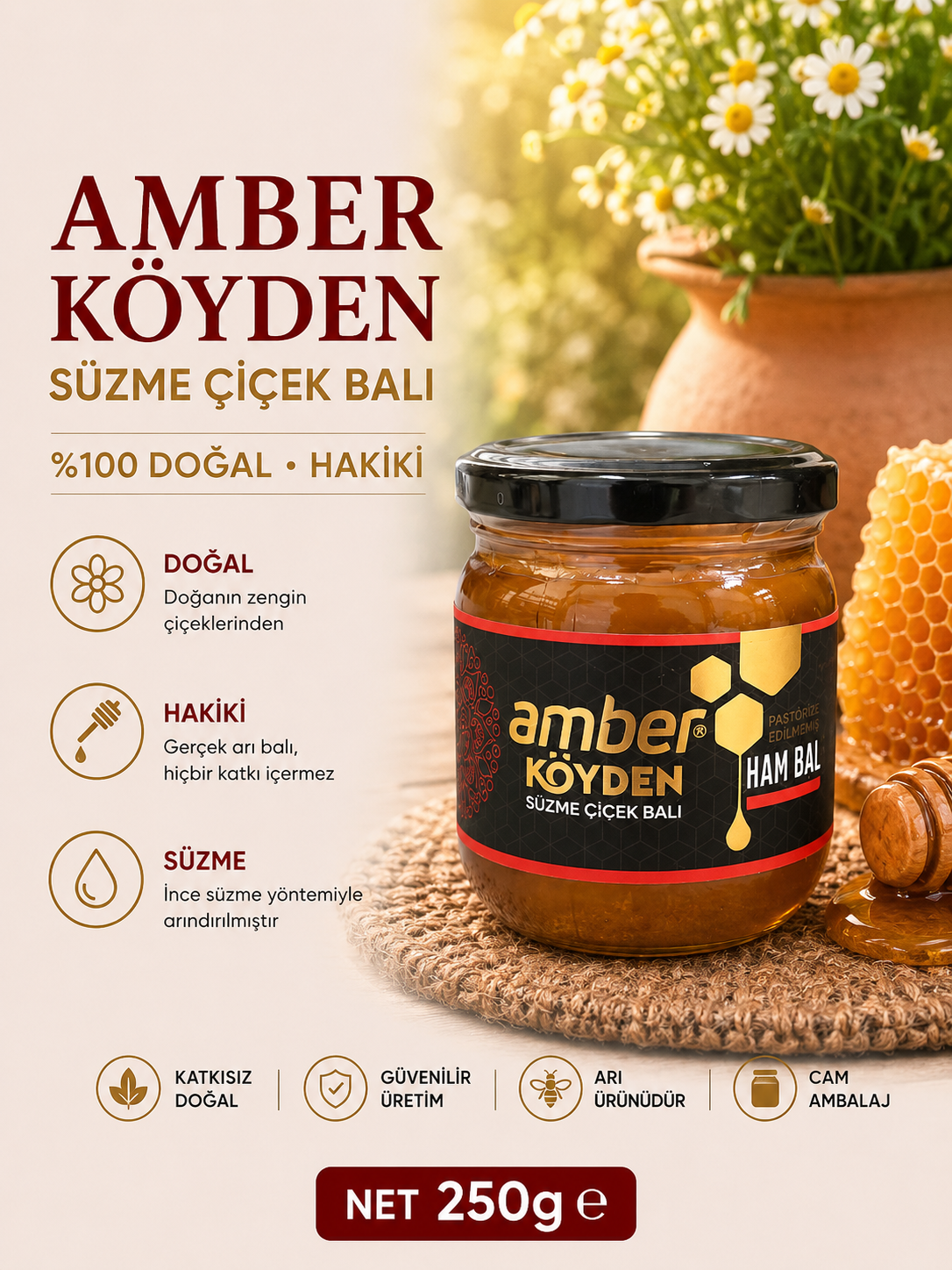 Amber Köyden Ham Bal Süzme Çiçek Balı 250 g